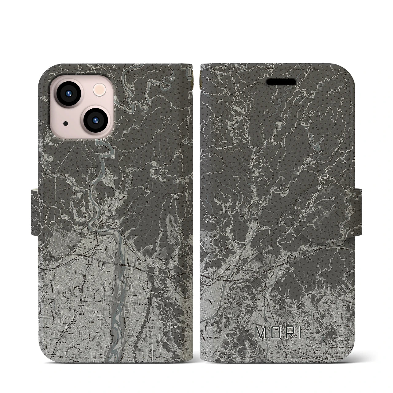 【森(静岡県)】地図柄iPhoneケース(手帳タイプ)モノトーン・iPhone 13 mini 用