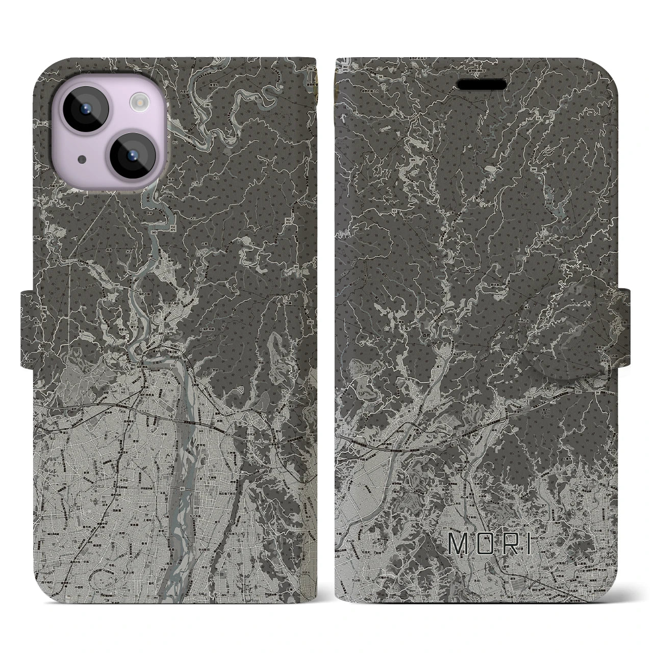 【森(静岡県)】地図柄iPhoneケース(手帳タイプ)モノトーン・iPhone 14 用