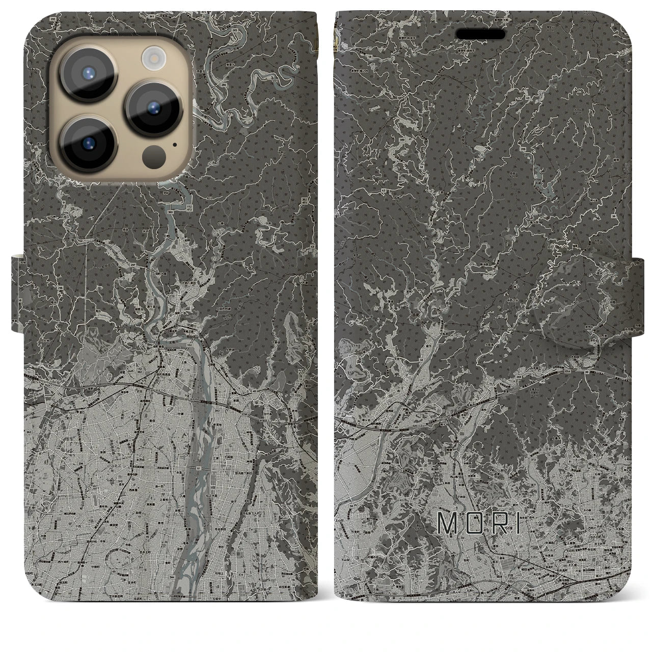 【森(静岡県)】地図柄iPhoneケース(手帳タイプ)モノトーン・iPhone 14 Pro Max 用