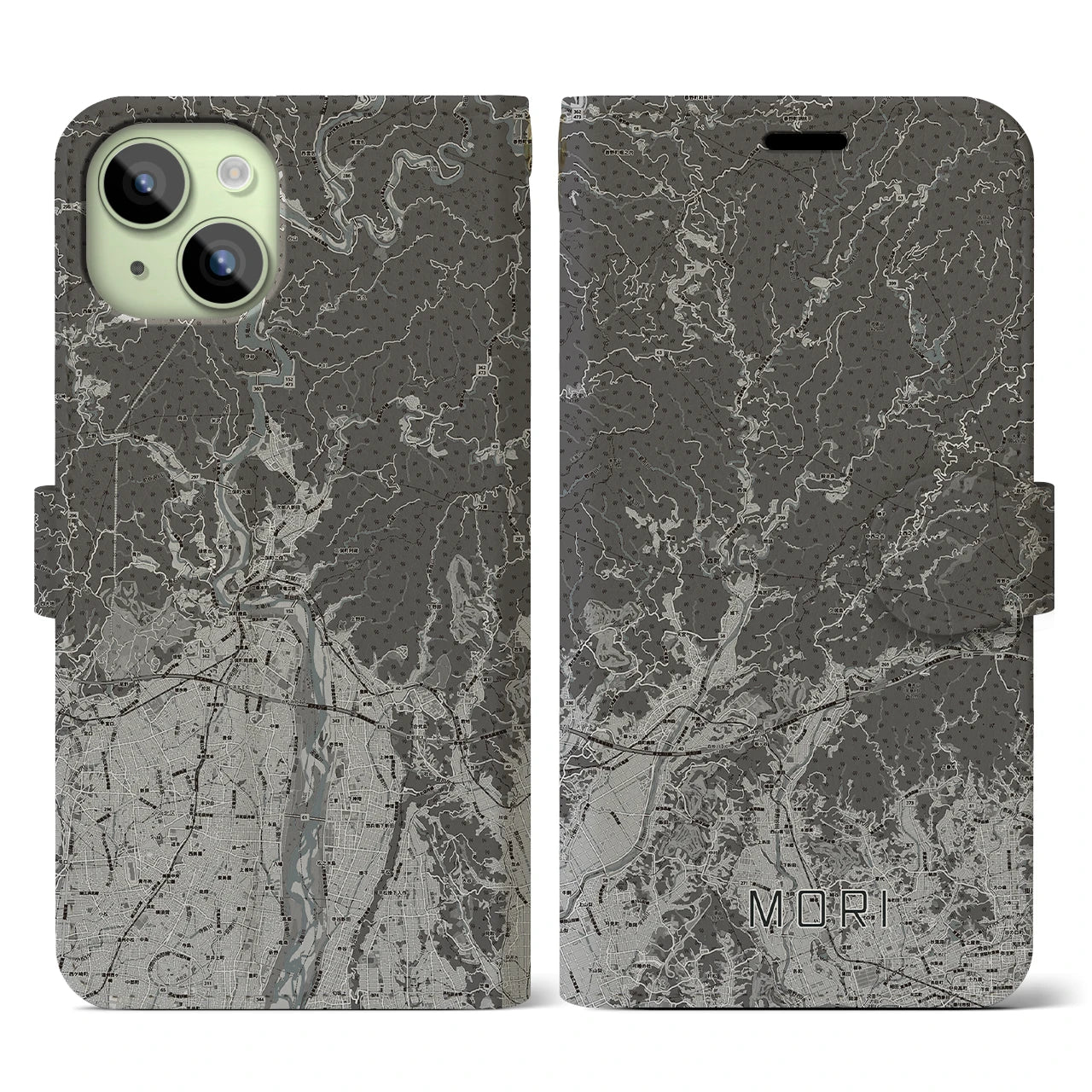 【森(静岡県)】地図柄iPhoneケース(手帳タイプ)モノトーン・iPhone 15 用