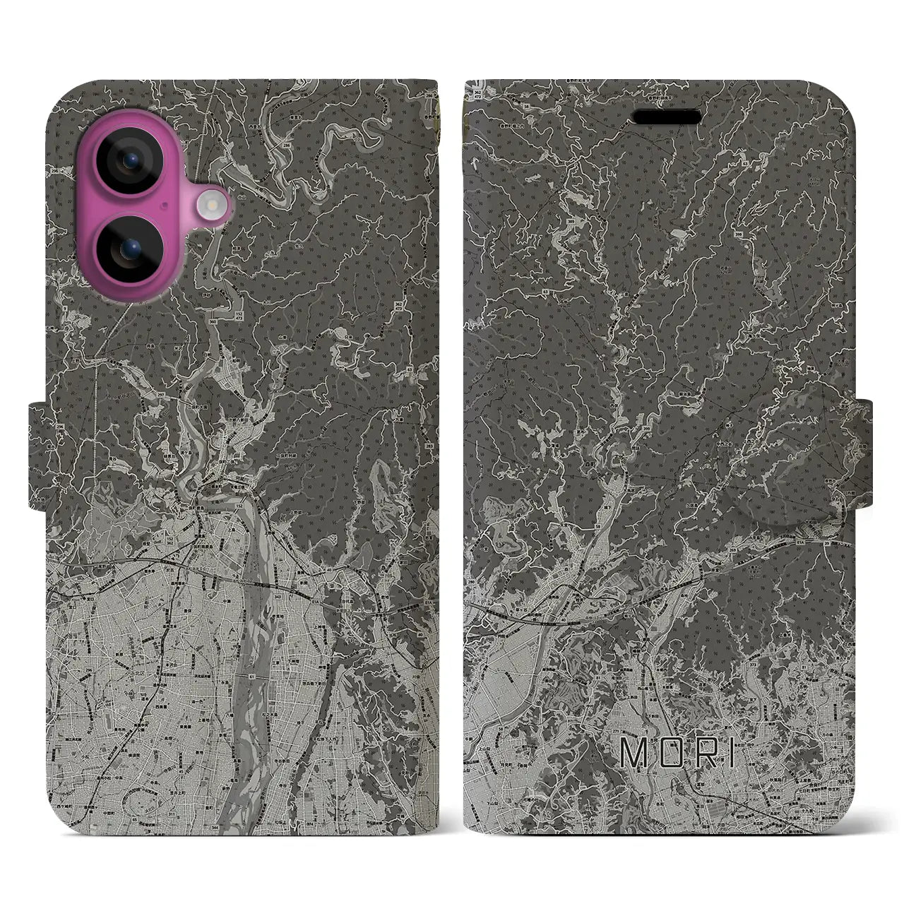 【森(静岡県)】地図柄iPhoneケース(手帳タイプ)モノトーン・iPhone 16 Pro 用