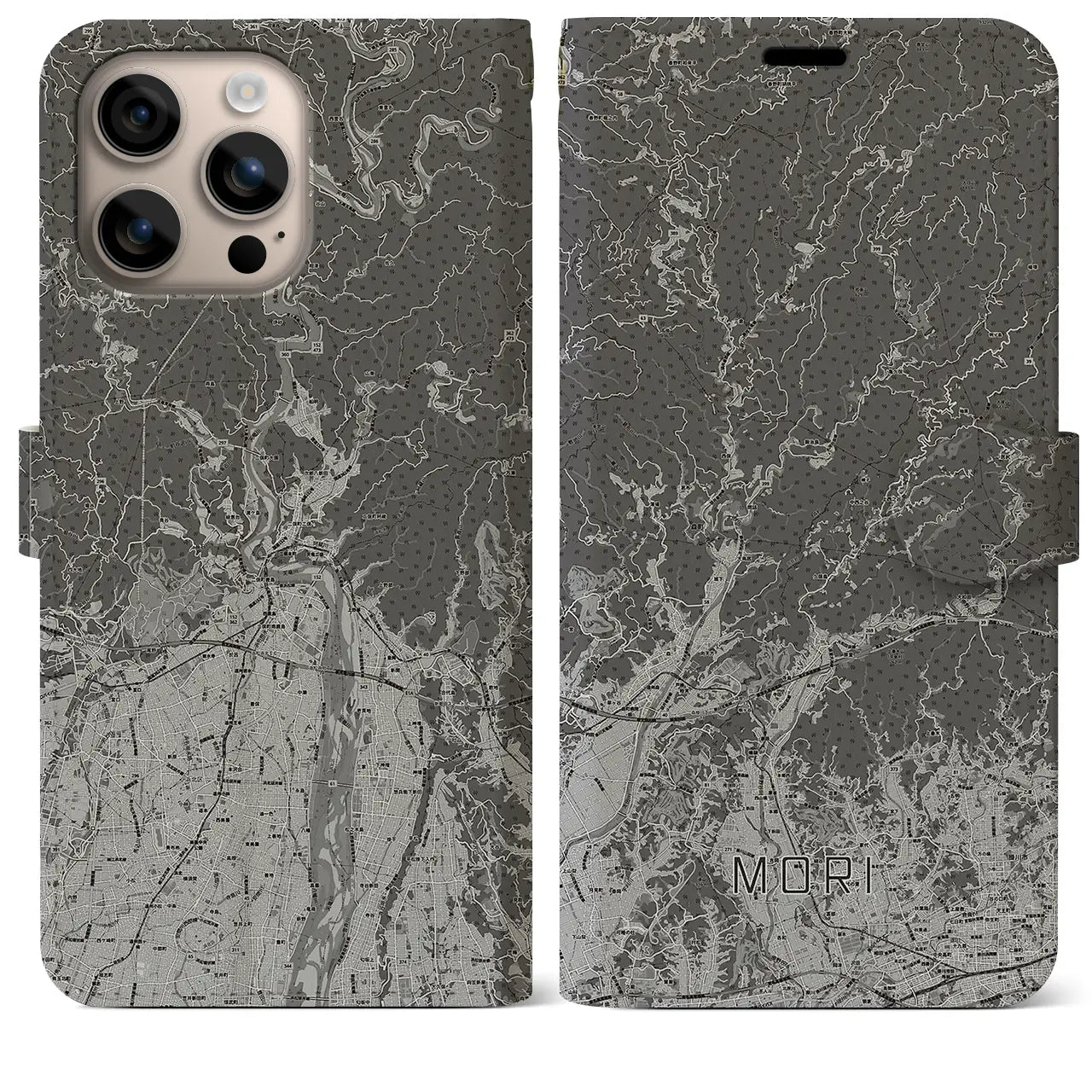 【森(静岡県)】地図柄iPhoneケース(手帳タイプ)モノトーン・iPhone 16 Plus 用