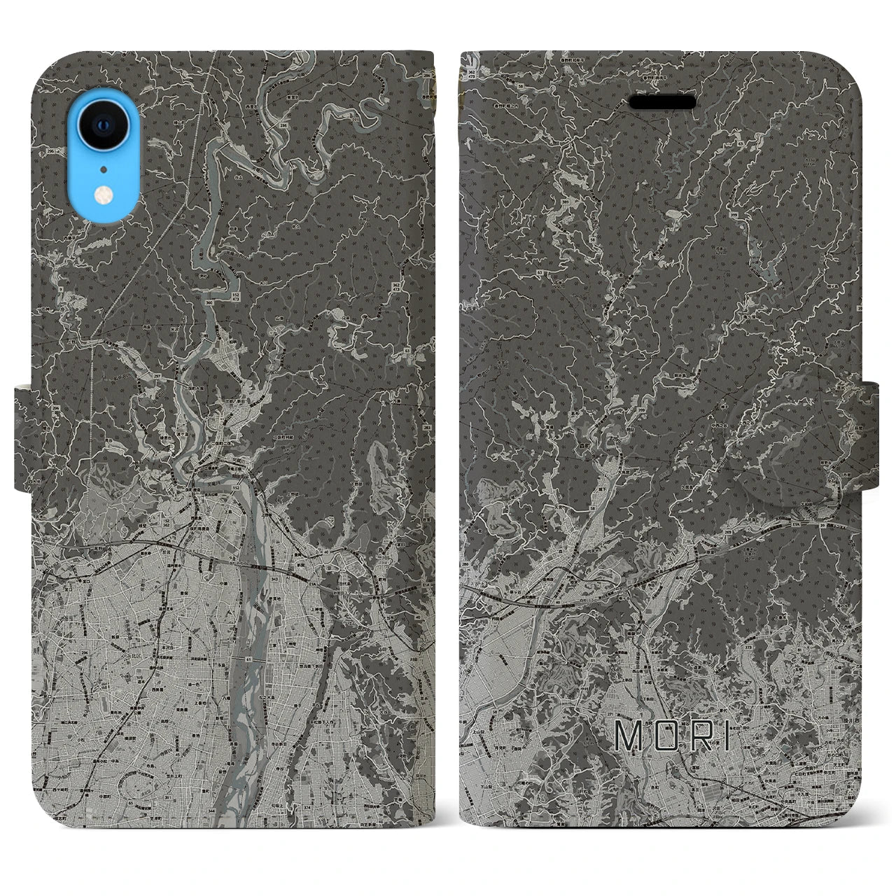 【森(静岡県)】地図柄iPhoneケース(手帳タイプ)モノトーン・iPhone XR 用