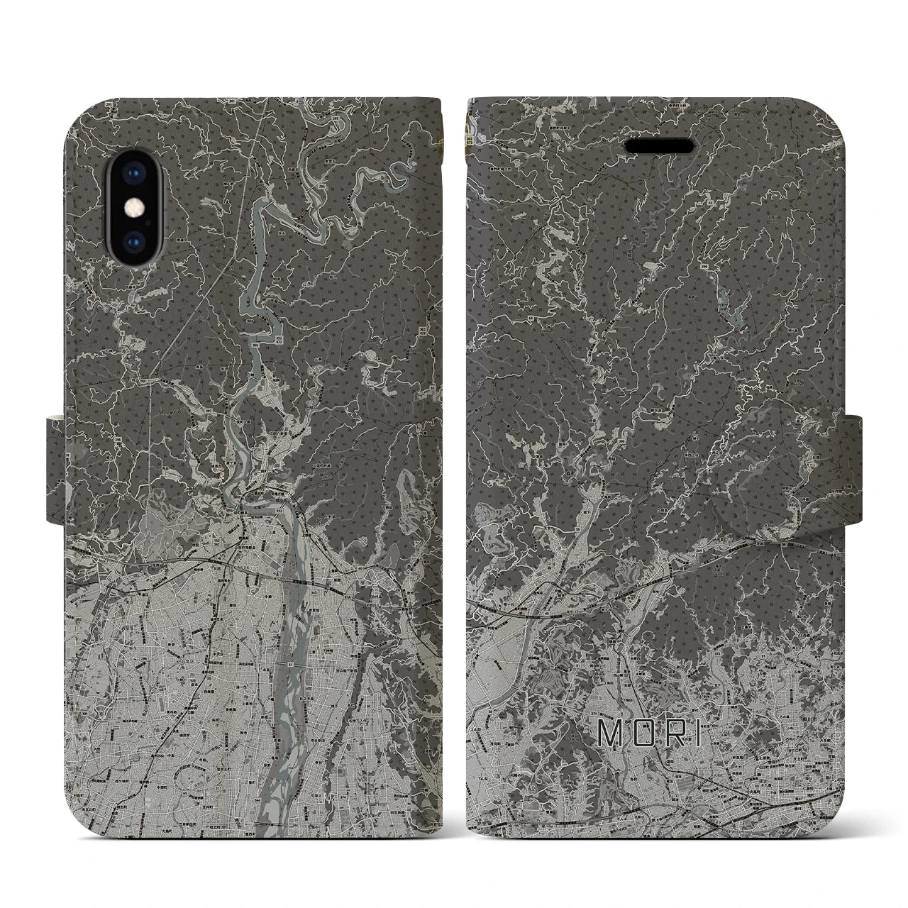 【森(静岡県)】地図柄iPhoneケース(手帳タイプ)モノトーン・iPhone XS / X 用