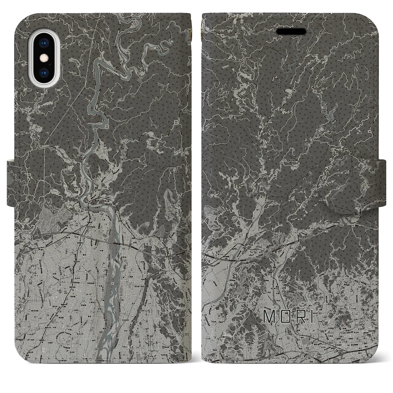 【森(静岡県)】地図柄iPhoneケース(手帳タイプ)モノトーン・iPhone XS Max 用