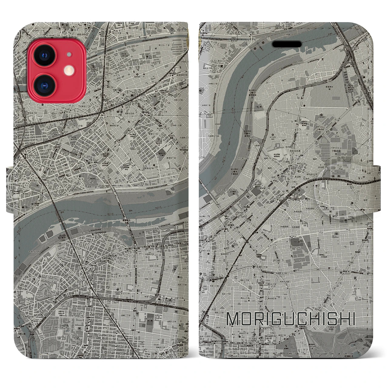 【守口市(大阪府)】地図柄iPhoneケース(手帳タイプ)モノトーン・iPhone 11 用