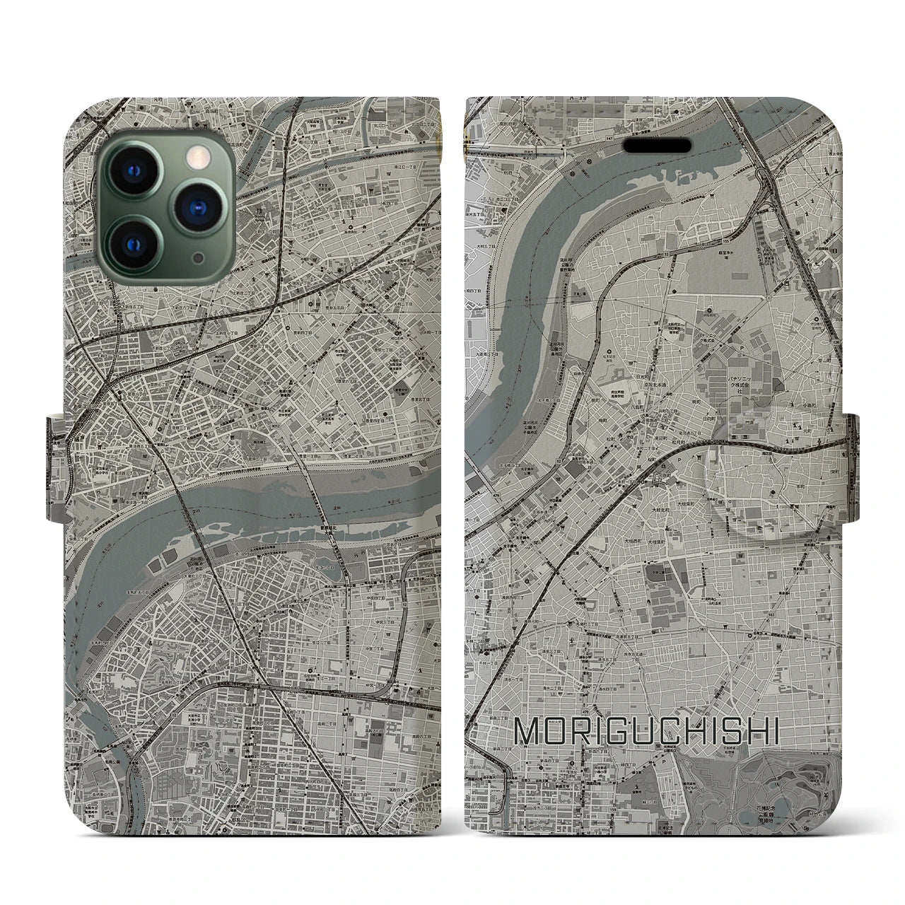 【守口市(大阪府)】地図柄iPhoneケース(手帳タイプ)モノトーン・iPhone 11 Pro 用