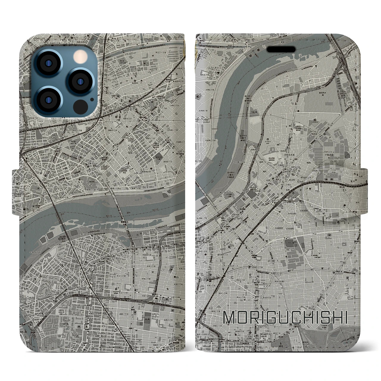 【守口市(大阪府)】地図柄iPhoneケース(手帳タイプ)モノトーン・iPhone 12 / 12 Pro 用