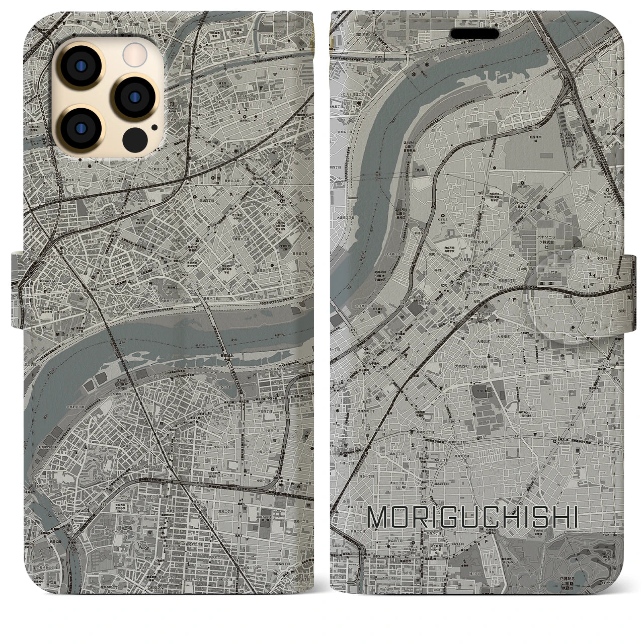 【守口市(大阪府)】地図柄iPhoneケース(手帳タイプ)モノトーン・iPhone 12 Pro Max 用