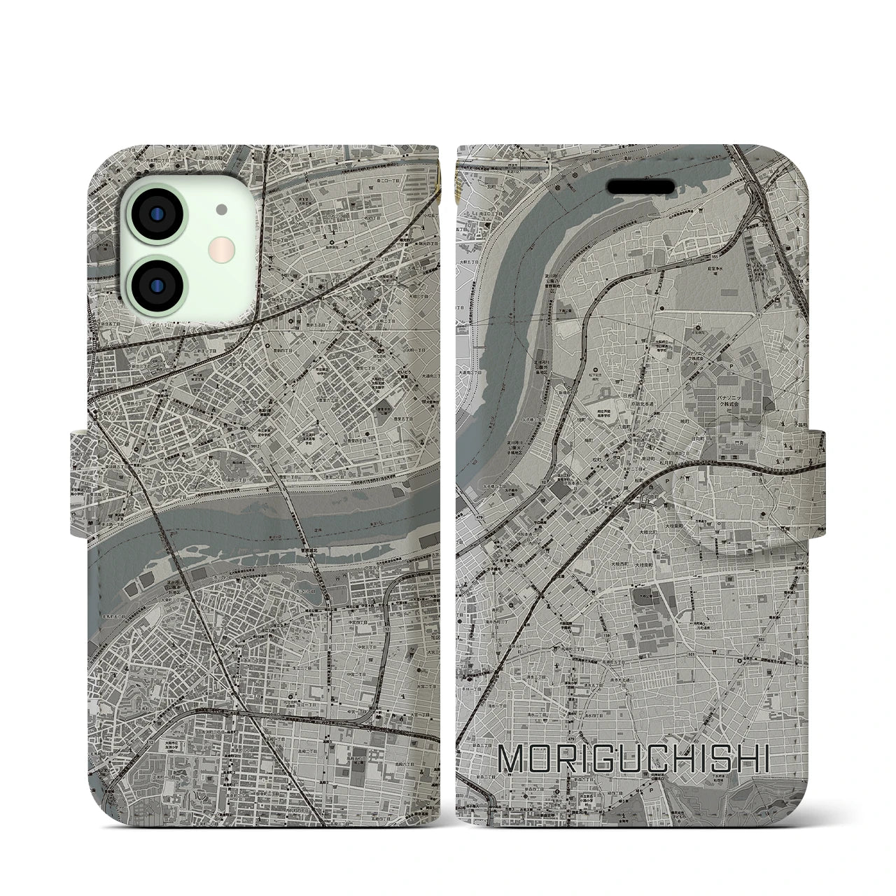 【守口市(大阪府)】地図柄iPhoneケース(手帳タイプ)モノトーン・iPhone 12 mini 用