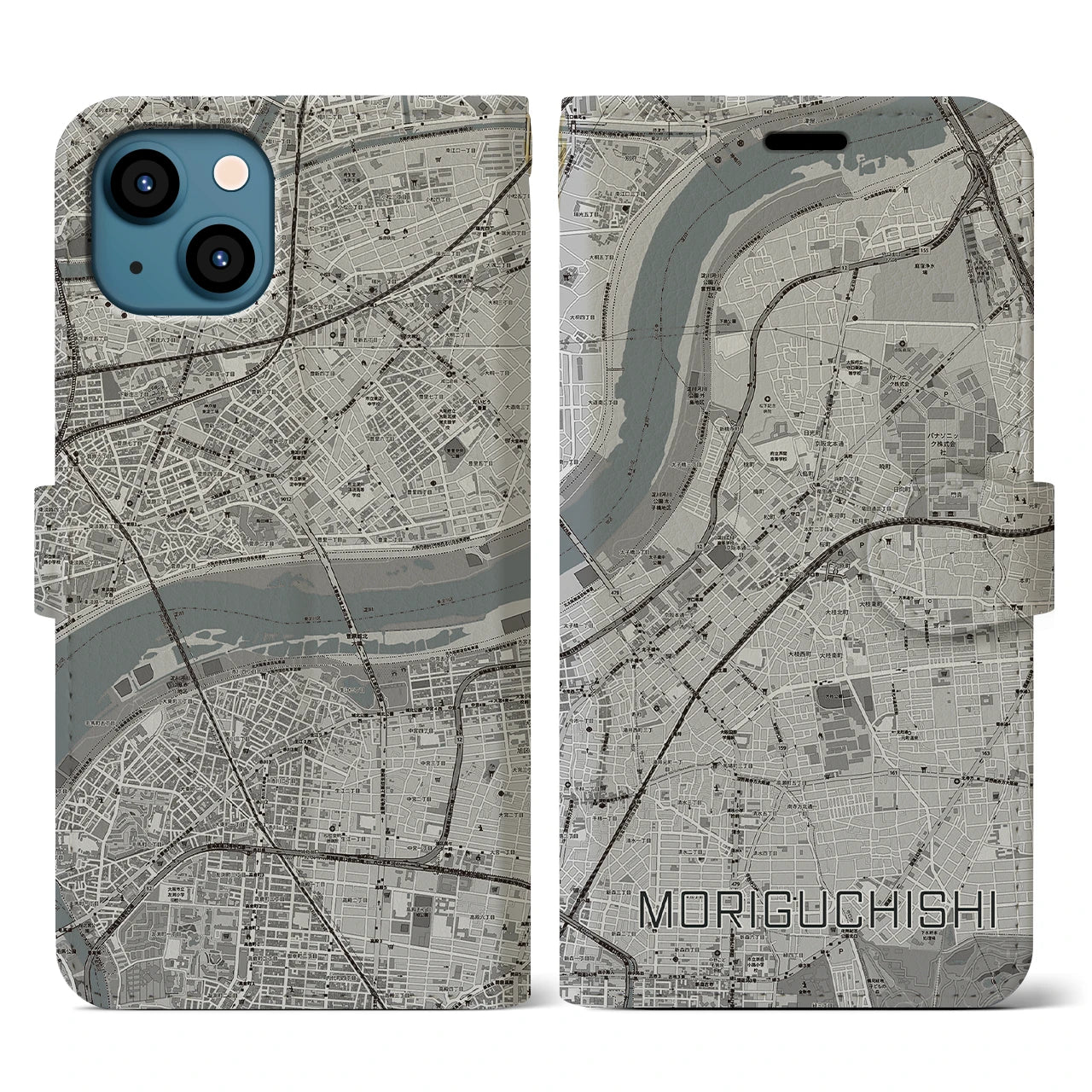 【守口市(大阪府)】地図柄iPhoneケース(手帳タイプ)モノトーン・iPhone 13 用