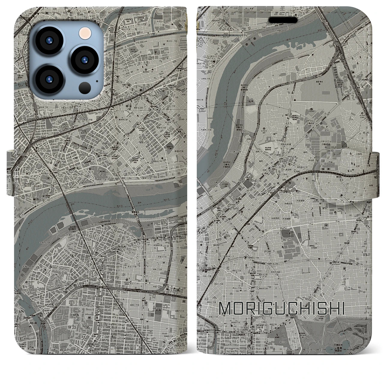 【守口市(大阪府)】地図柄iPhoneケース(手帳タイプ)モノトーン・iPhone 13 Pro Max 用