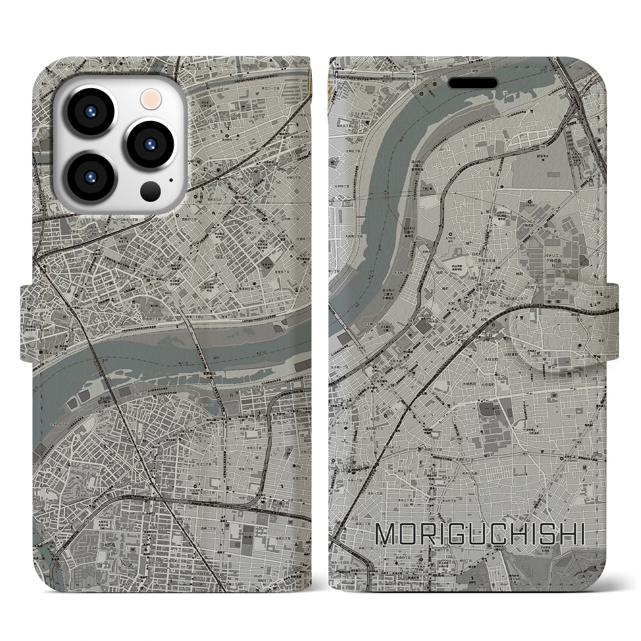 【守口市(大阪府)】地図柄iPhoneケース(手帳タイプ)モノトーン・iPhone 13 Pro 用