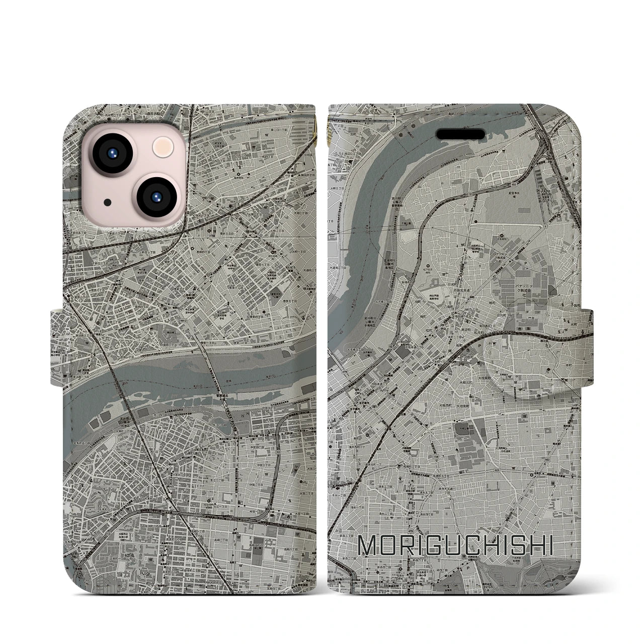 【守口市(大阪府)】地図柄iPhoneケース(手帳タイプ)モノトーン・iPhone 13 mini 用