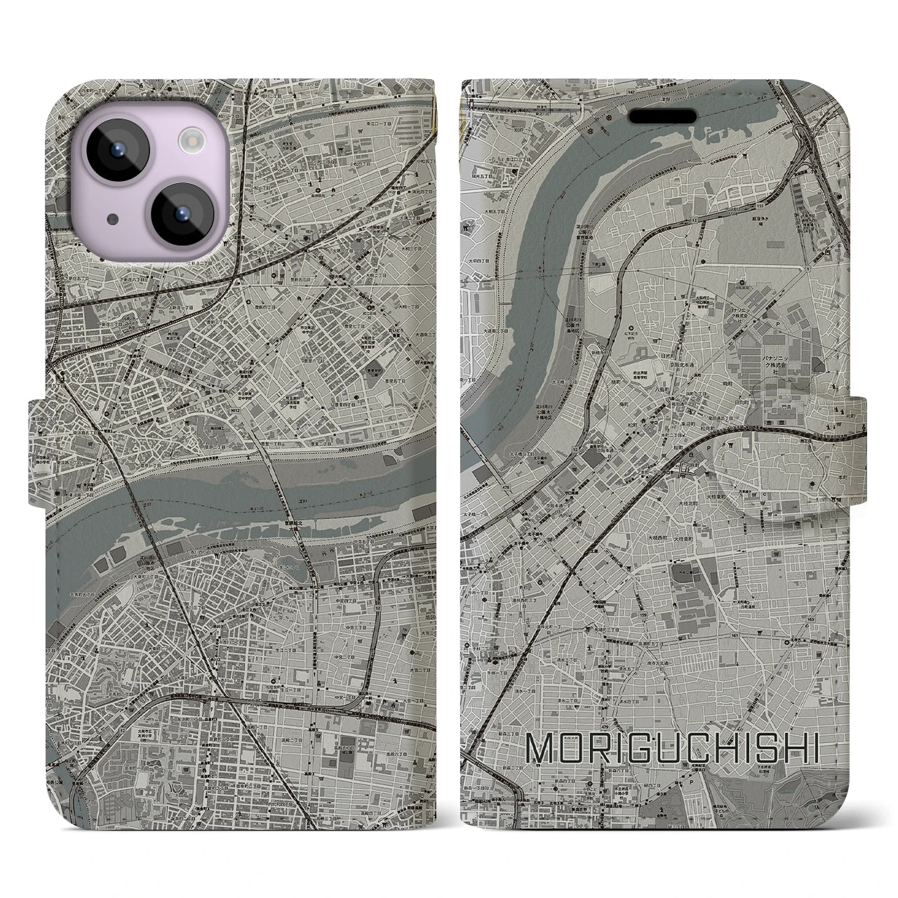 【守口市(大阪府)】地図柄iPhoneケース(手帳タイプ)モノトーン・iPhone 14 用