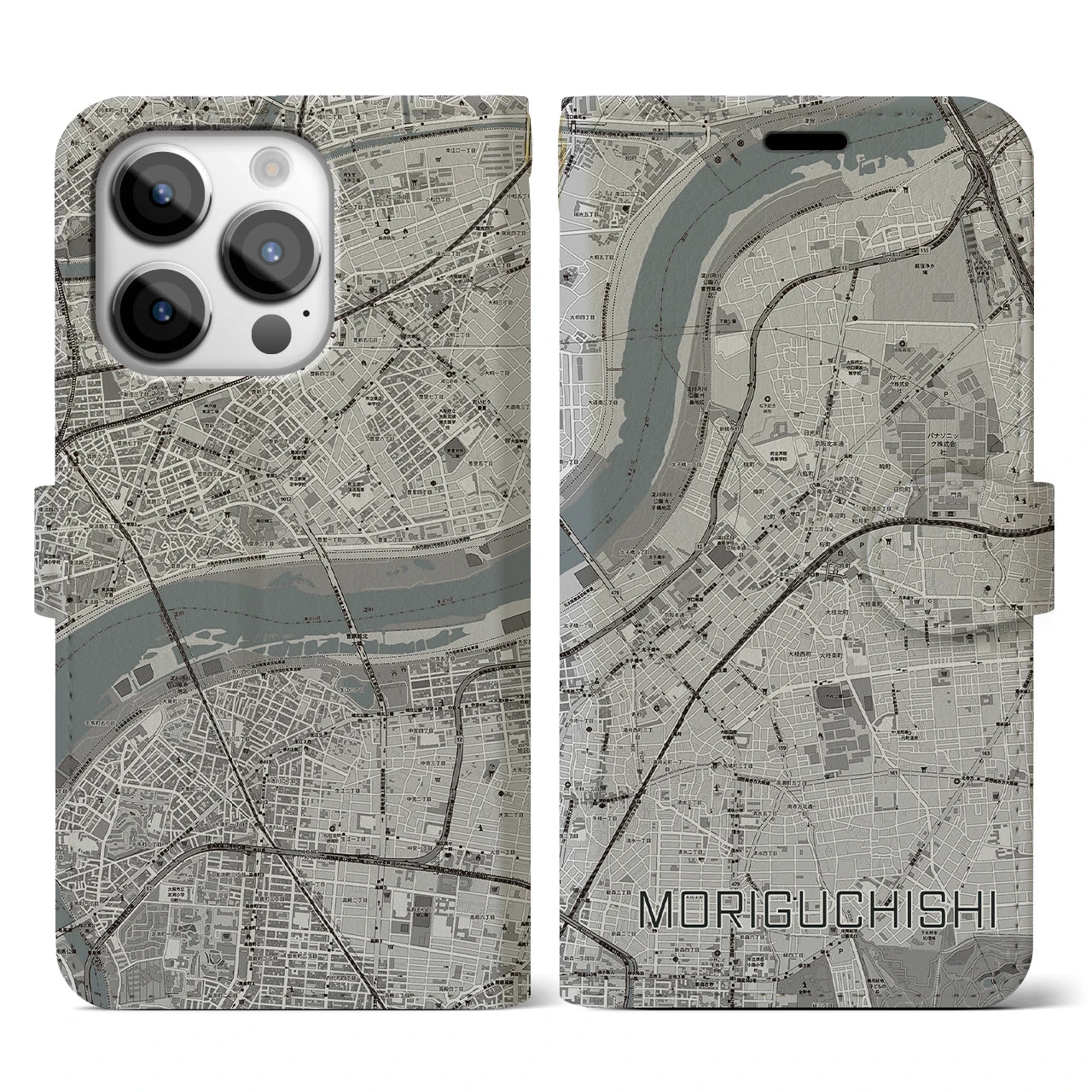 【守口市(大阪府)】地図柄iPhoneケース(手帳タイプ)モノトーン・iPhone 14 Pro 用