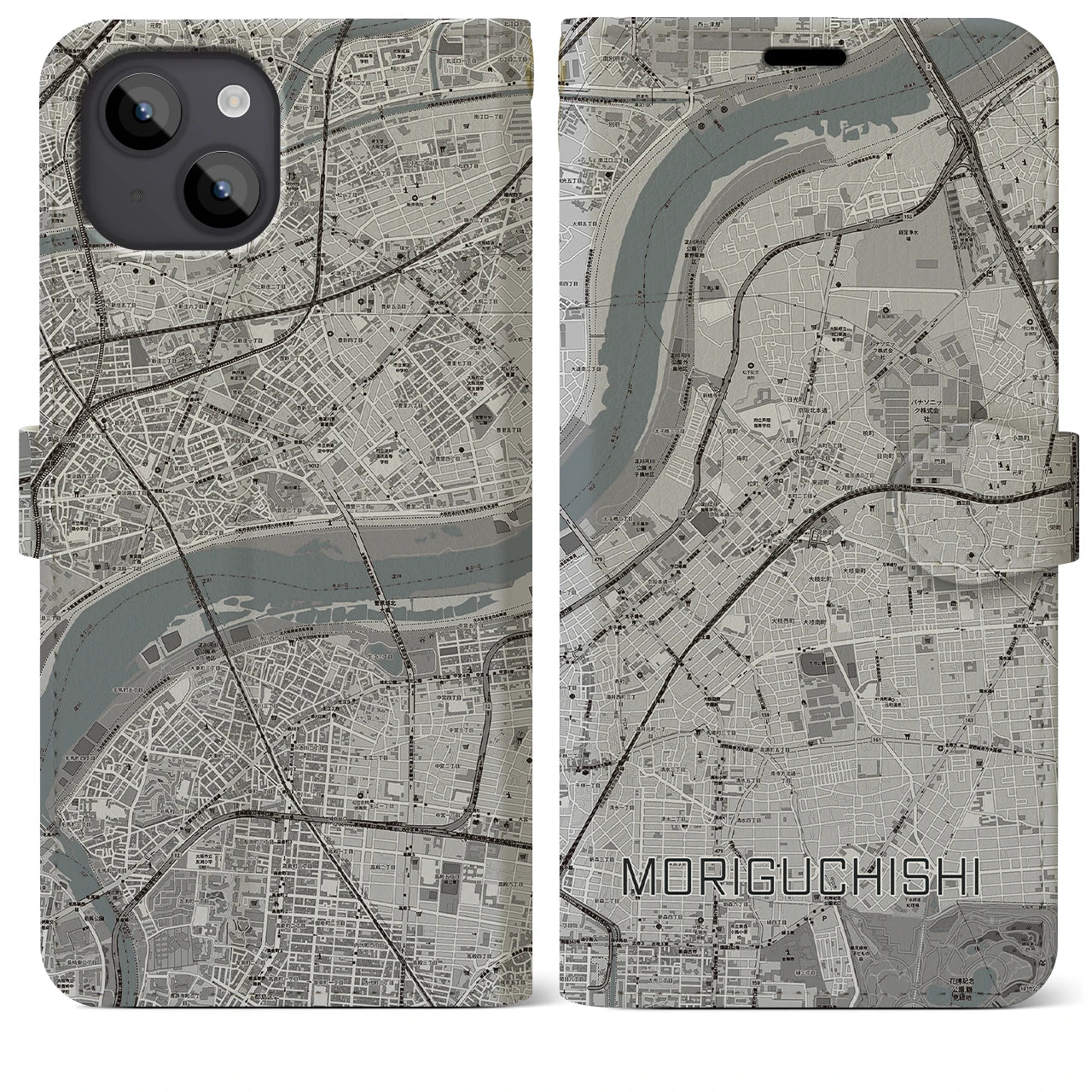 【守口市(大阪府)】地図柄iPhoneケース(手帳タイプ)モノトーン・iPhone 14 Plus 用