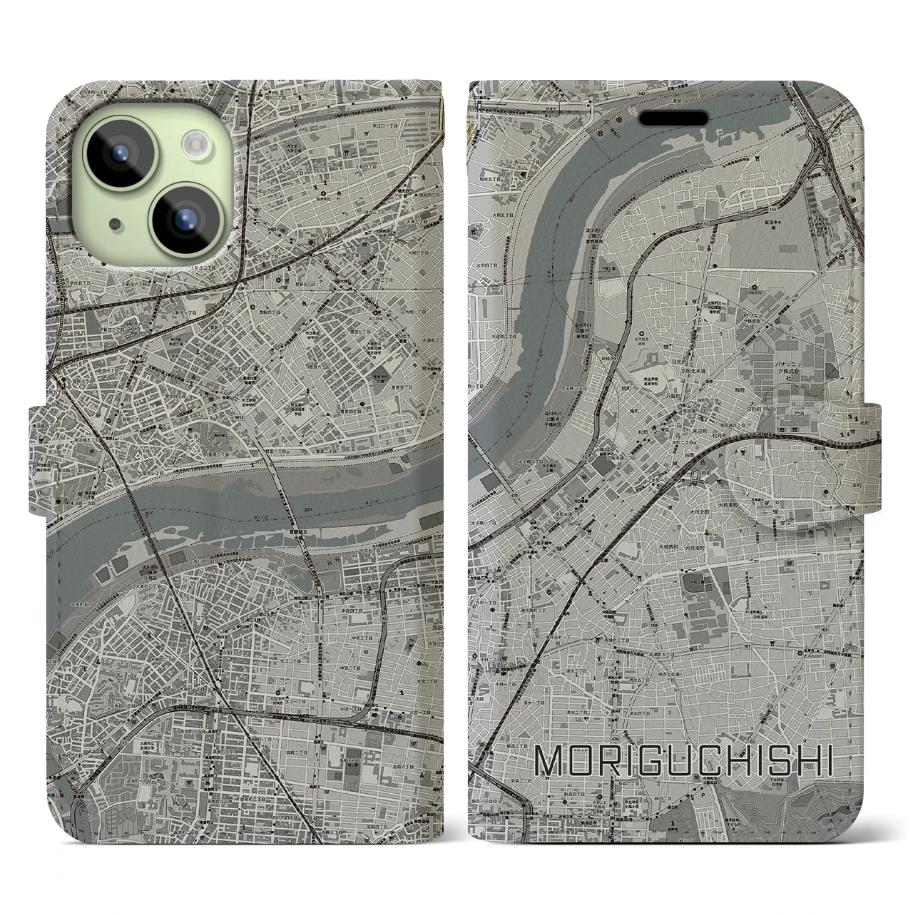 【守口市(大阪府)】地図柄iPhoneケース(手帳タイプ)モノトーン・iPhone 15 用