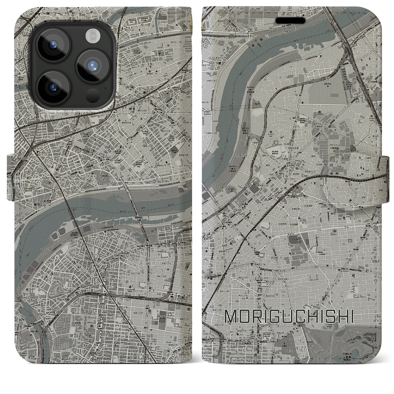 【守口市(大阪府)】地図柄iPhoneケース(手帳タイプ)モノトーン・iPhone 15 Pro Max 用