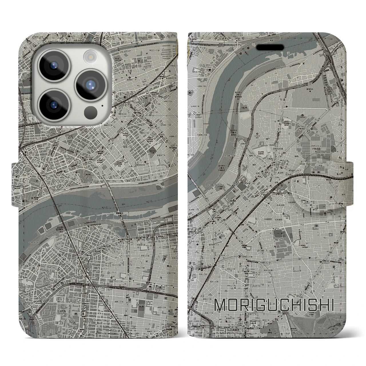 【守口市(大阪府)】地図柄iPhoneケース(手帳タイプ)モノトーン・iPhone 15 Pro 用