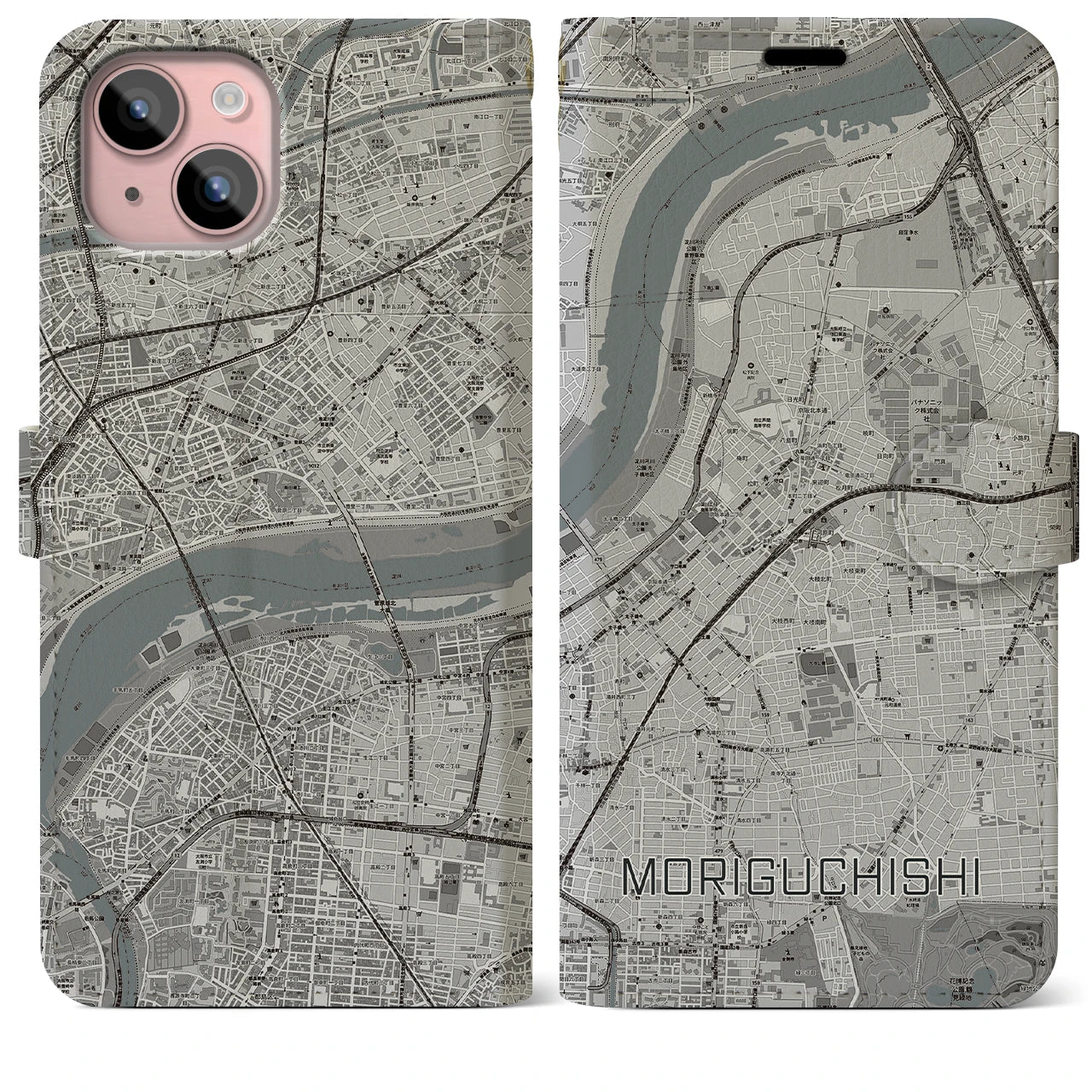 【守口市(大阪府)】地図柄iPhoneケース(手帳タイプ)モノトーン・iPhone 15 Plus 用