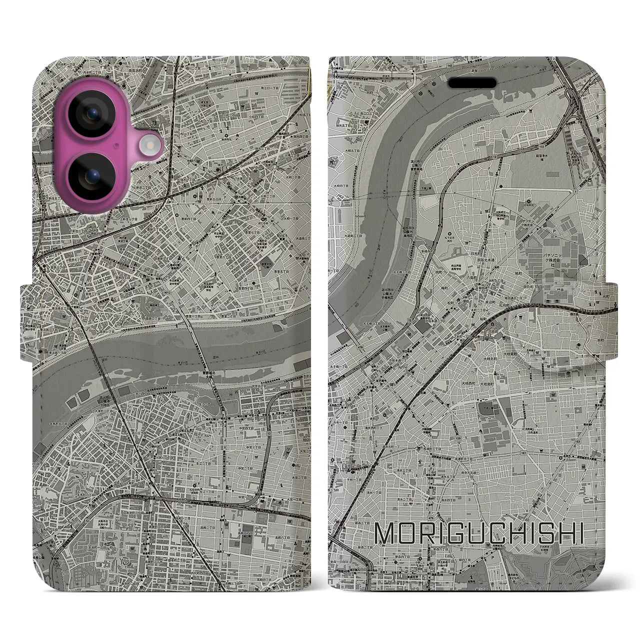 【守口市(大阪府)】地図柄iPhoneケース(手帳タイプ)モノトーン・iPhone 16 Pro 用