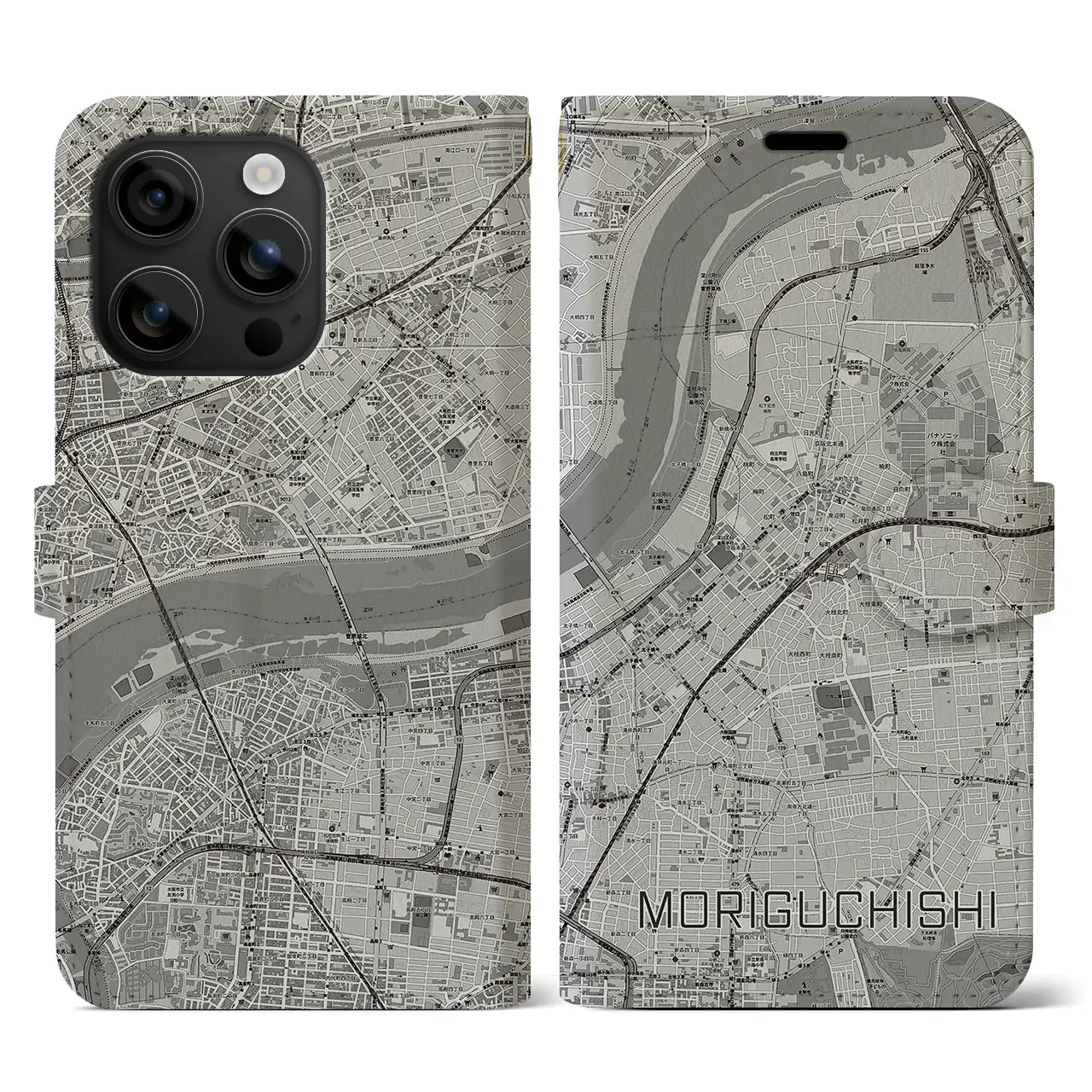 【守口市(大阪府)】地図柄iPhoneケース(手帳タイプ)モノトーン・iPhone 16 用