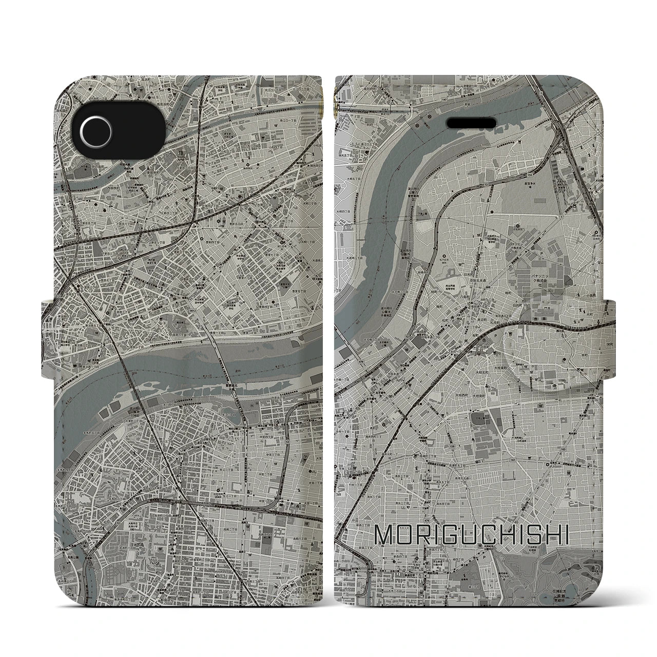 【守口市(大阪府)】地図柄iPhoneケース(手帳タイプ)モノトーン・iPhone SE(第3 / 第2世代) / 8 / 7 / 6s / 6 用