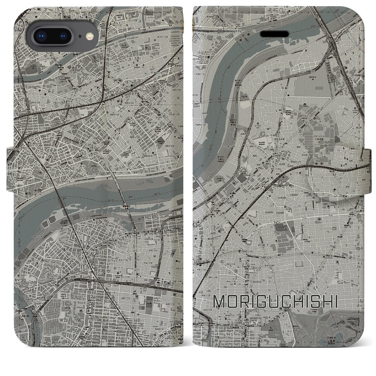 【守口市(大阪府)】地図柄iPhoneケース(手帳タイプ)モノトーン・iPhone 8Plus /7Plus / 6sPlus / 6Plus 用