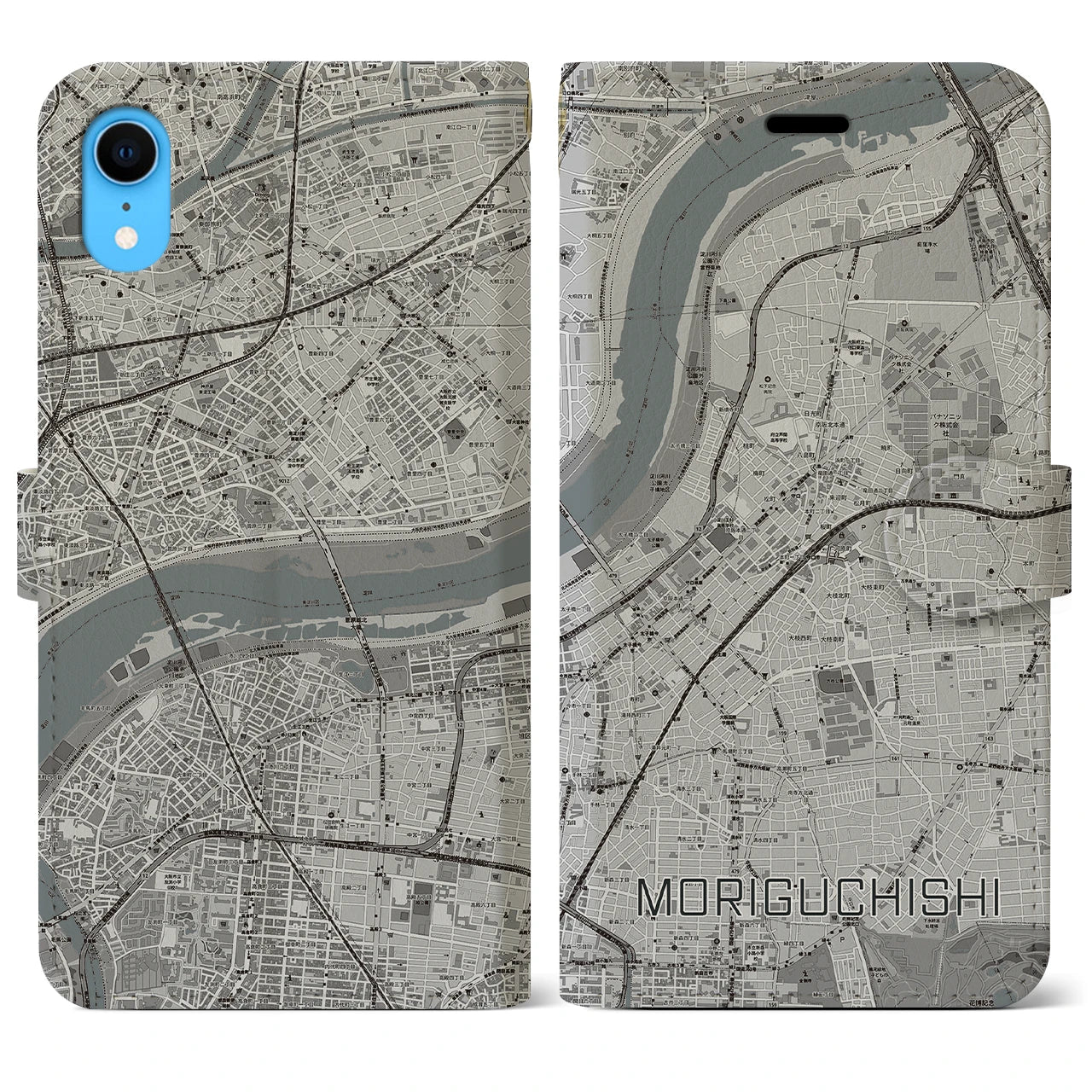 【守口市(大阪府)】地図柄iPhoneケース(手帳タイプ)モノトーン・iPhone XR 用