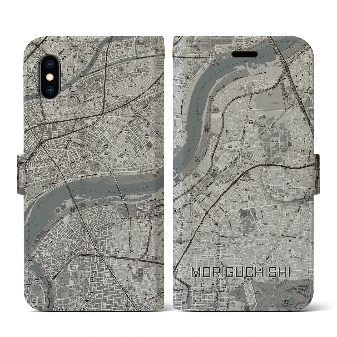 【守口市(大阪府)】地図柄iPhoneケース(手帳タイプ)モノトーン・iPhone XS / X 用