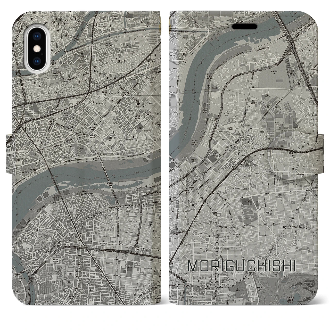 【守口市(大阪府)】地図柄iPhoneケース(手帳タイプ)モノトーン・iPhone XS Max 用