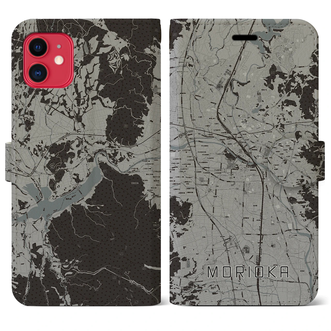 【盛岡(岩手県)】地図柄iPhoneケース(手帳タイプ)モノトーン・iPhone 11 用