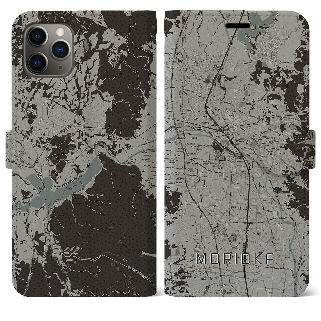 【盛岡(岩手県)】地図柄iPhoneケース(手帳タイプ)モノトーン・iPhone 11 Pro Max 用