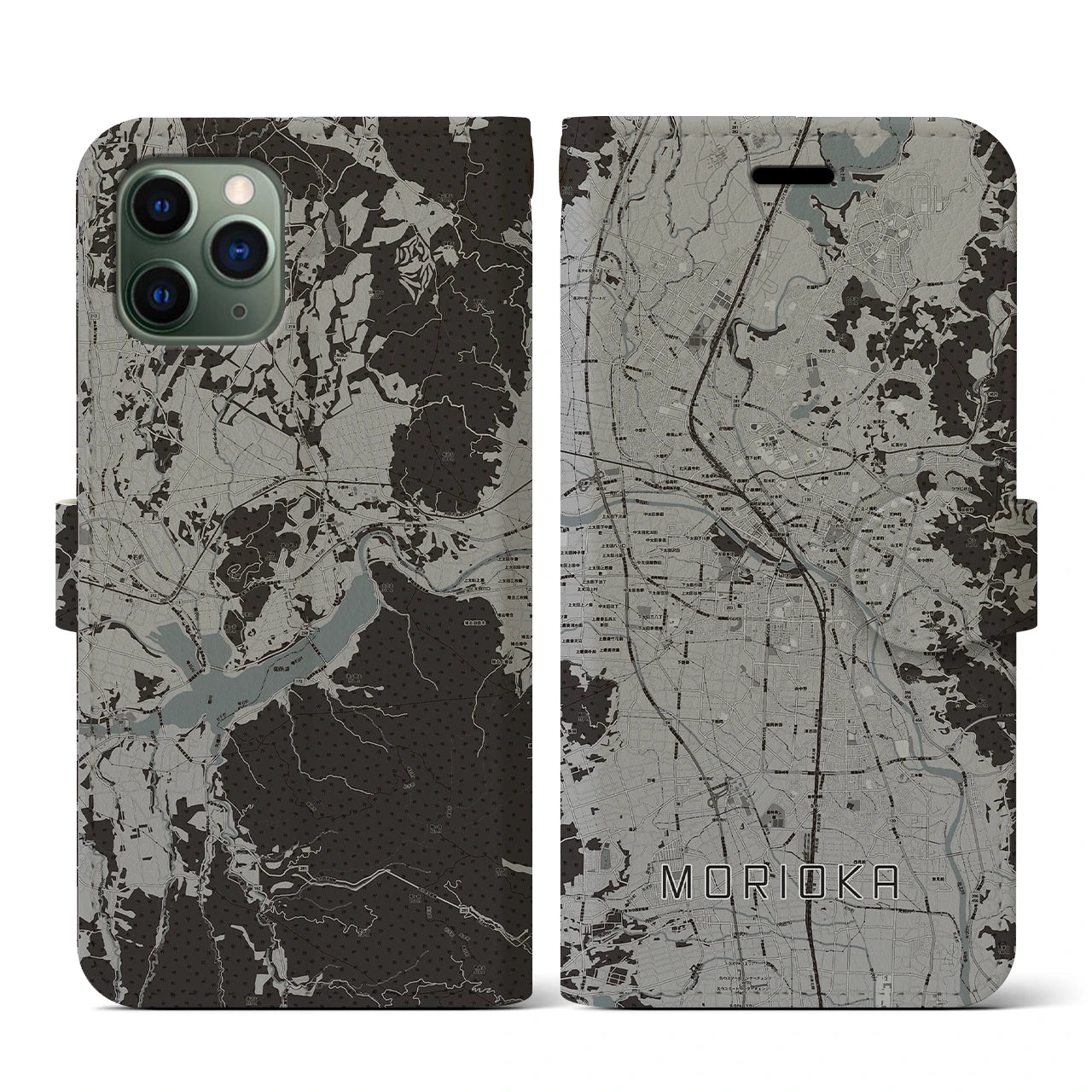 【盛岡(岩手県)】地図柄iPhoneケース(手帳タイプ)モノトーン・iPhone 11 Pro 用