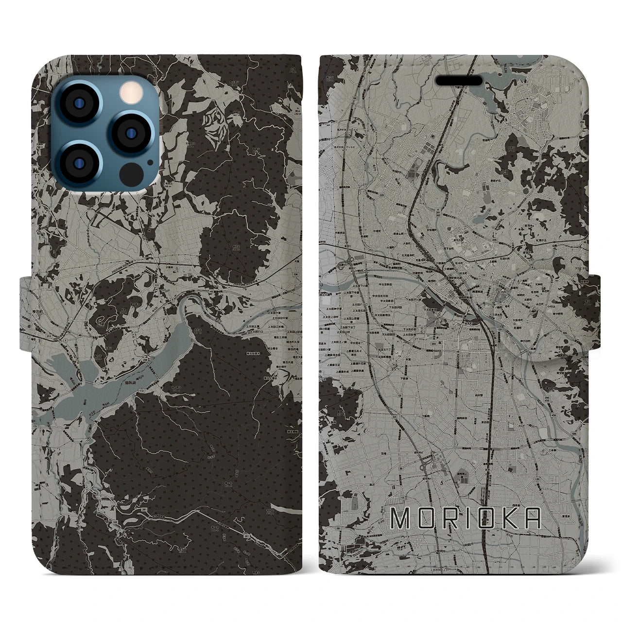 【盛岡(岩手県)】地図柄iPhoneケース(手帳タイプ)モノトーン・iPhone 12 / 12 Pro 用