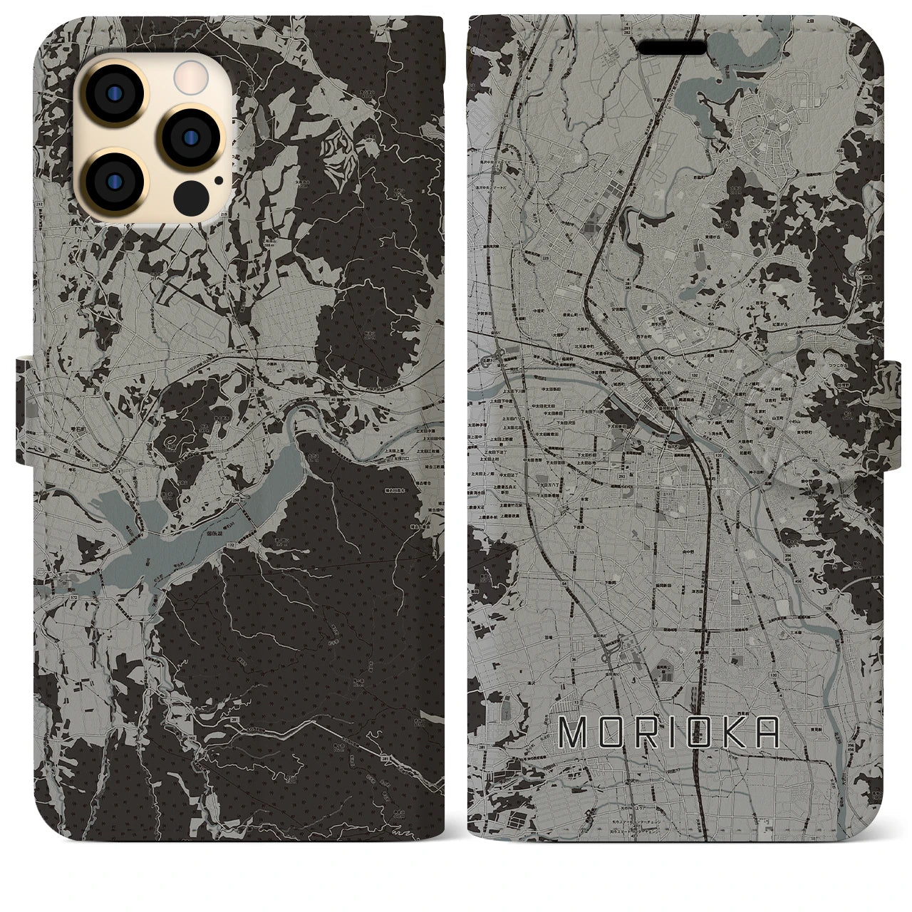 【盛岡(岩手県)】地図柄iPhoneケース(手帳タイプ)モノトーン・iPhone 12 Pro Max 用