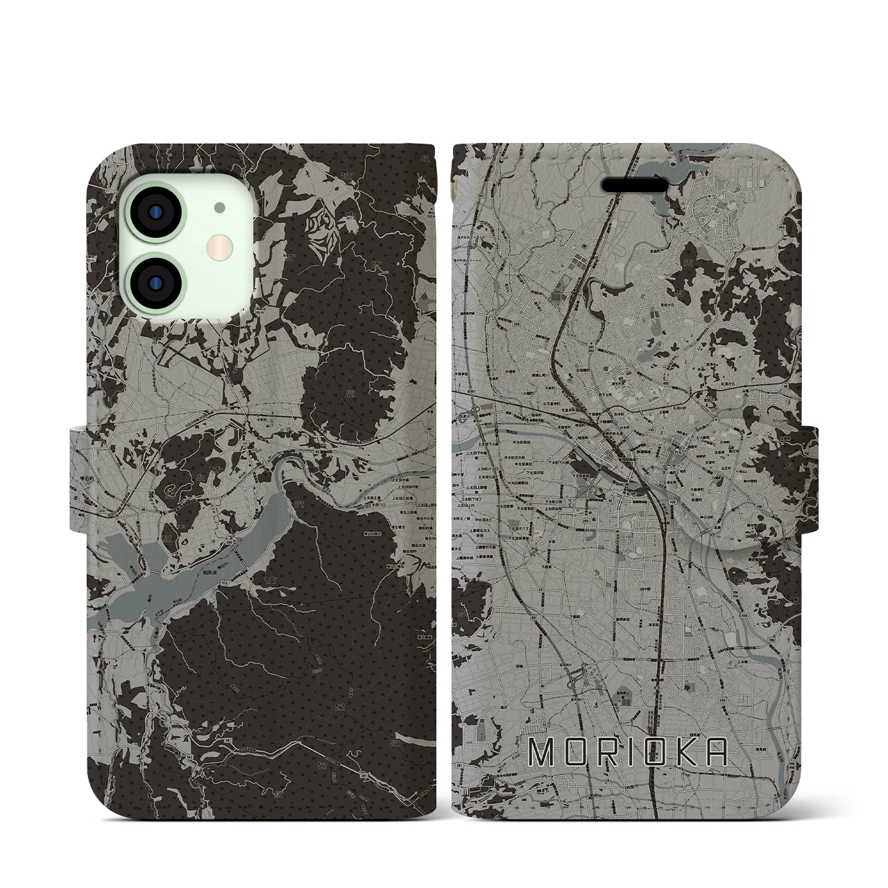 【盛岡(岩手県)】地図柄iPhoneケース(手帳タイプ)モノトーン・iPhone 12 mini 用