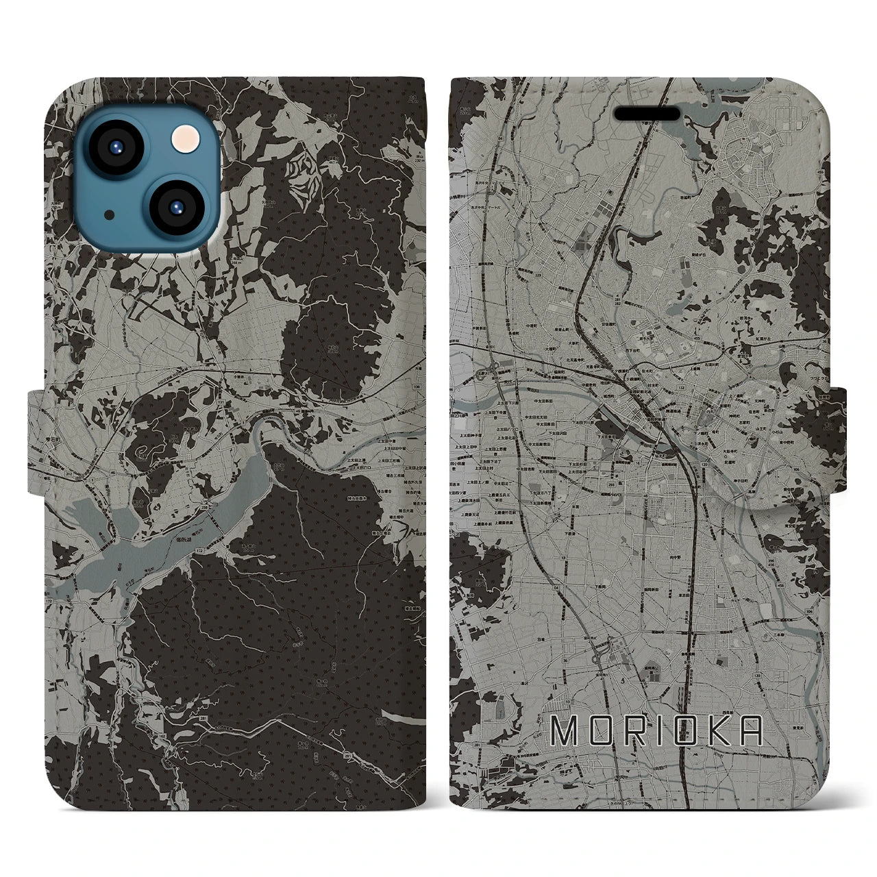【盛岡(岩手県)】地図柄iPhoneケース(手帳タイプ)モノトーン・iPhone 13 用