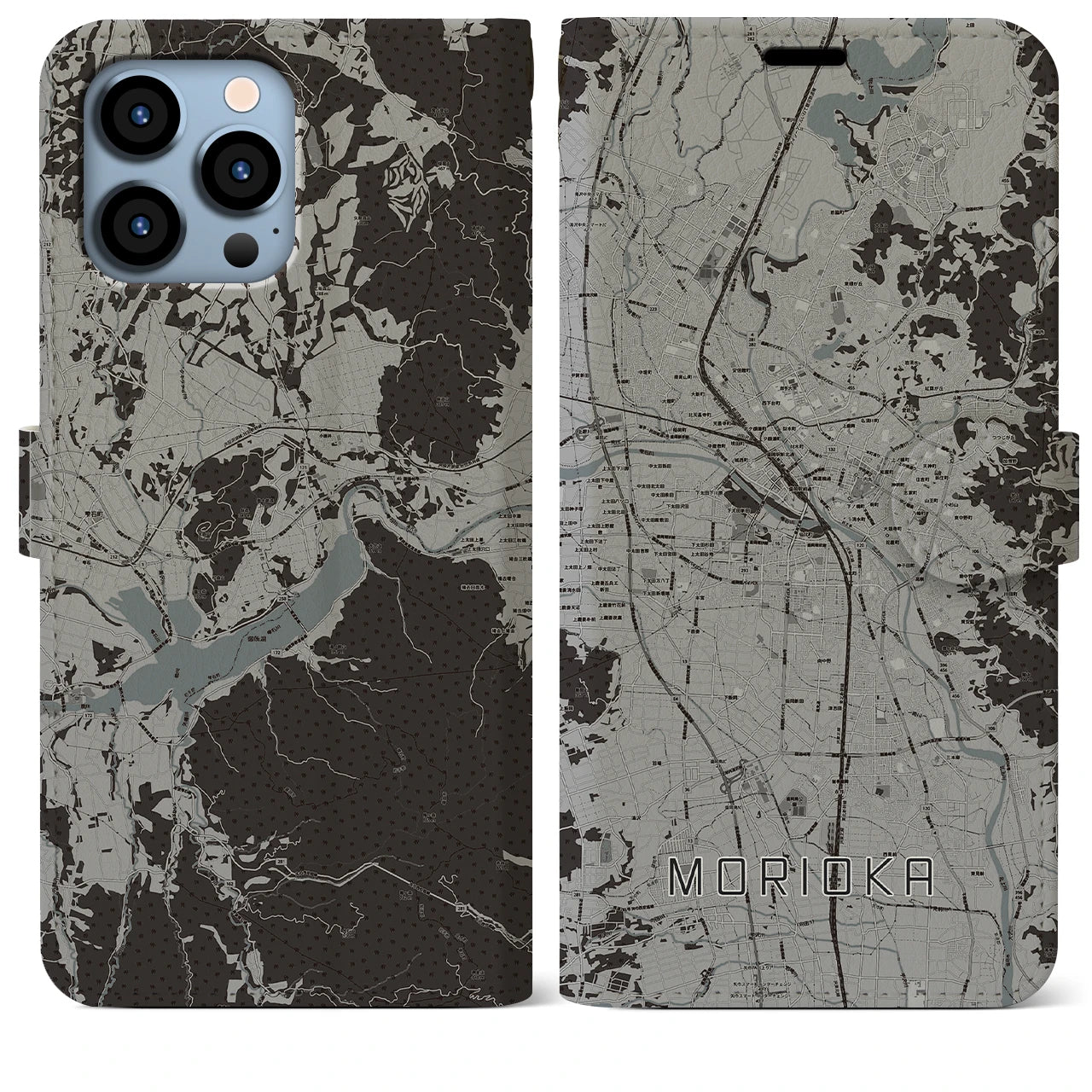 【盛岡(岩手県)】地図柄iPhoneケース(手帳タイプ)モノトーン・iPhone 13 Pro Max 用