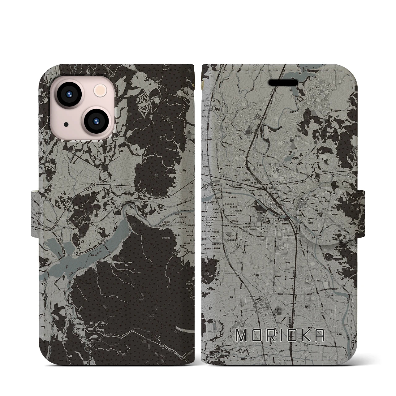 【盛岡(岩手県)】地図柄iPhoneケース(手帳タイプ)モノトーン・iPhone 13 mini 用