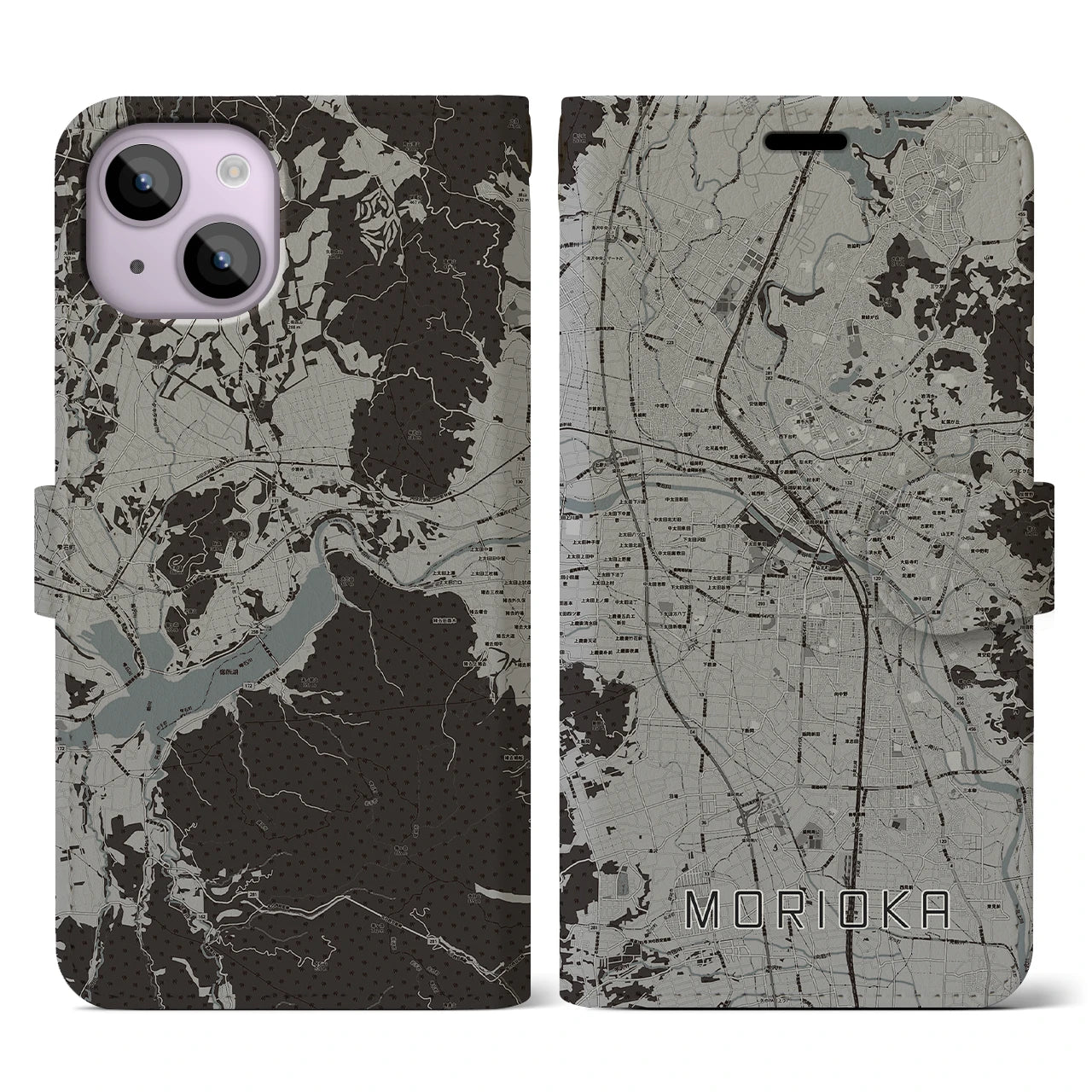 【盛岡(岩手県)】地図柄iPhoneケース(手帳タイプ)モノトーン・iPhone 14 用
