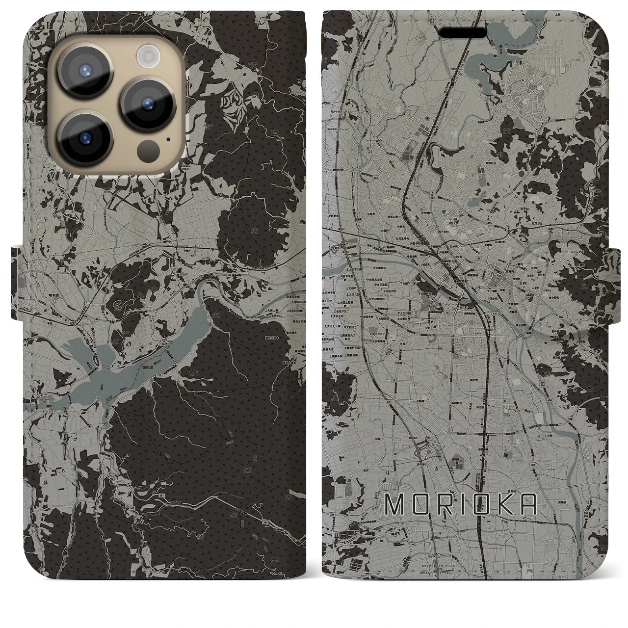 【盛岡(岩手県)】地図柄iPhoneケース(手帳タイプ)モノトーン・iPhone 14 Pro Max 用