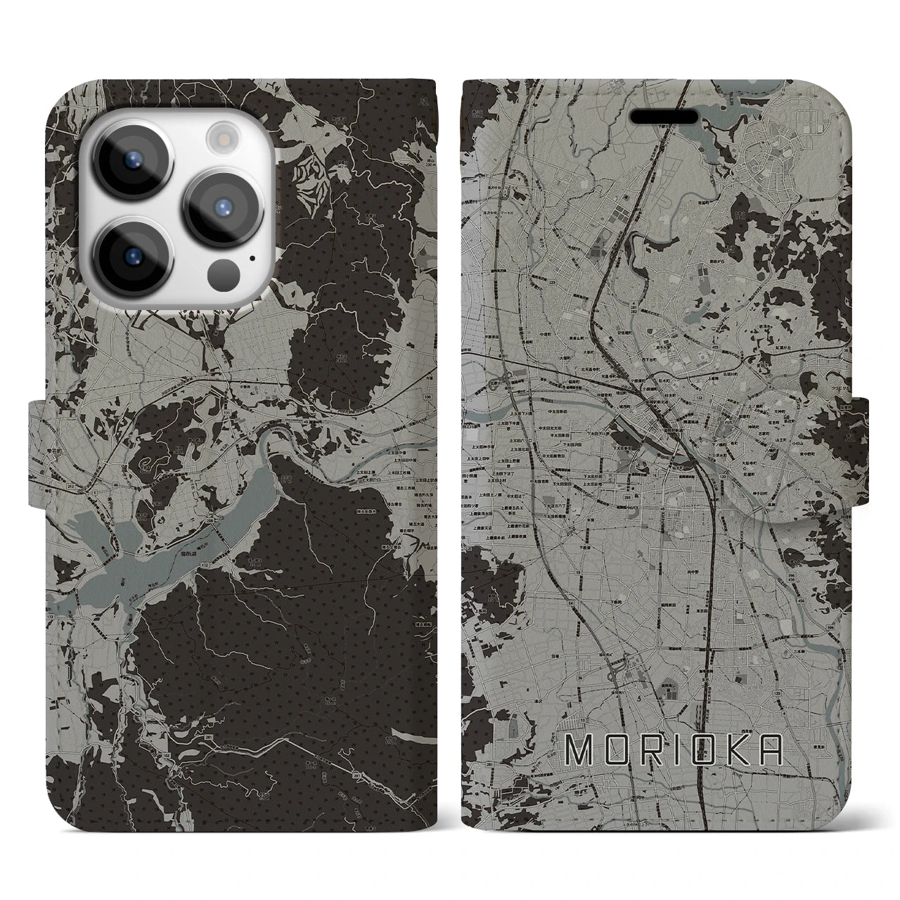 【盛岡(岩手県)】地図柄iPhoneケース(手帳タイプ)モノトーン・iPhone 14 Pro 用
