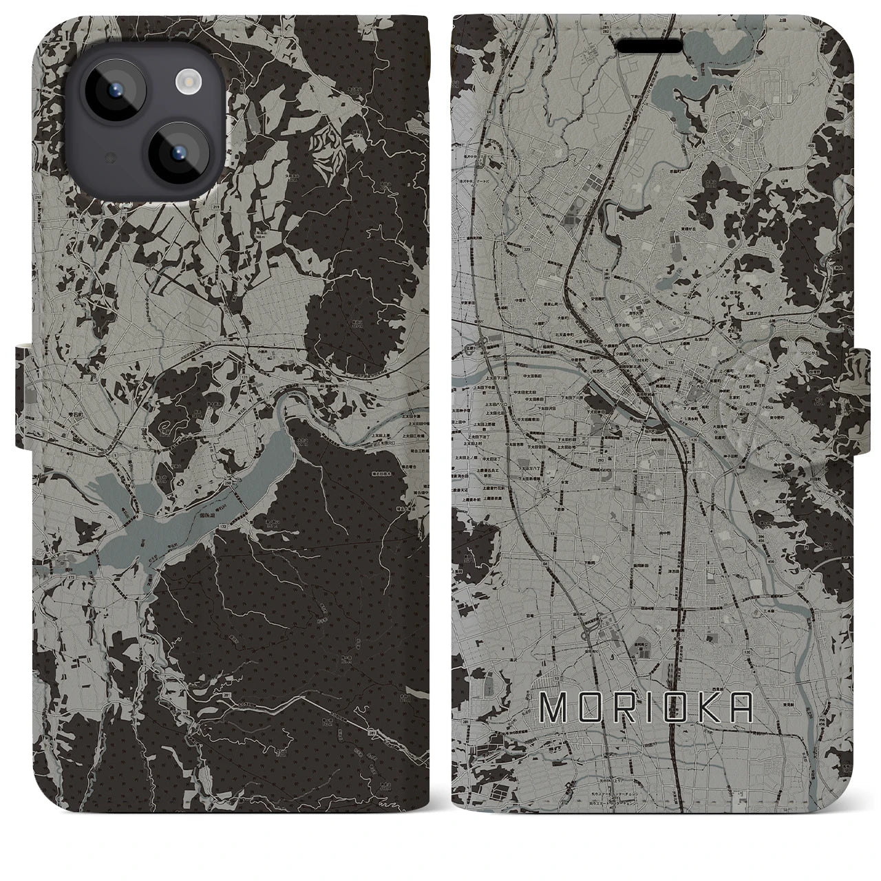 【盛岡(岩手県)】地図柄iPhoneケース(手帳タイプ)モノトーン・iPhone 14 Plus 用