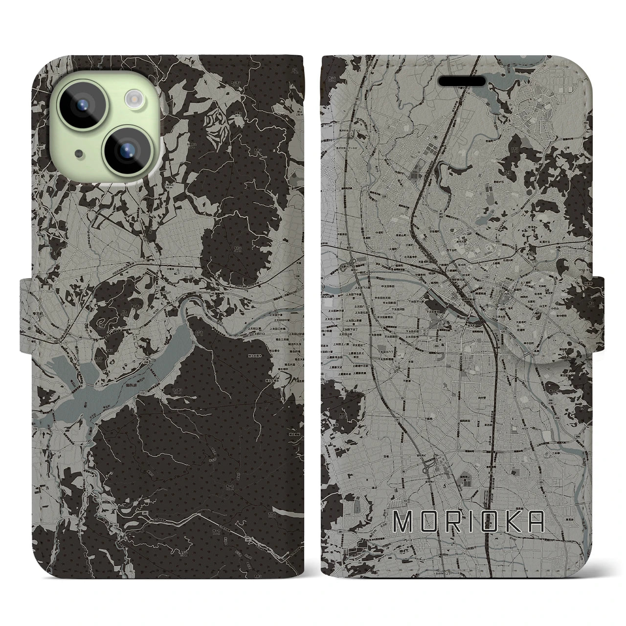 【盛岡(岩手県)】地図柄iPhoneケース(手帳タイプ)モノトーン・iPhone 15 用