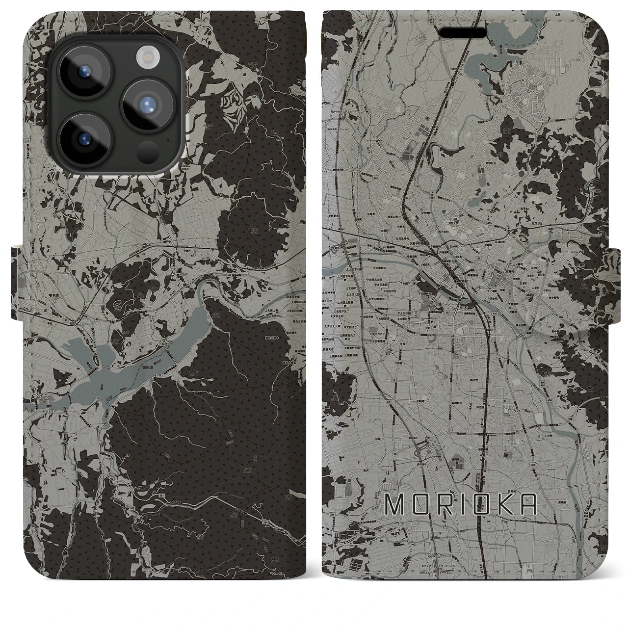 【盛岡(岩手県)】地図柄iPhoneケース(手帳タイプ)モノトーン・iPhone 15 Pro Max 用