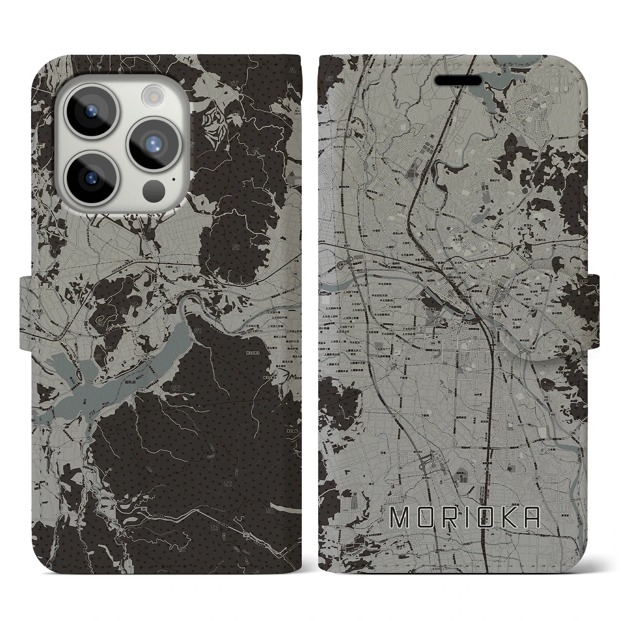 【盛岡(岩手県)】地図柄iPhoneケース(手帳タイプ)モノトーン・iPhone 15 Pro 用