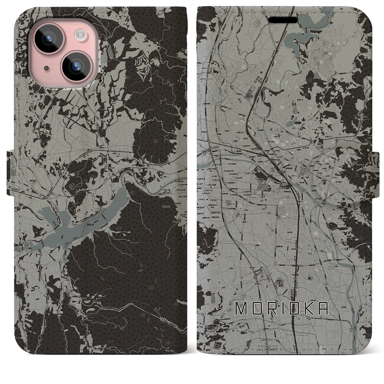 【盛岡(岩手県)】地図柄iPhoneケース(手帳タイプ)モノトーン・iPhone 15 Plus 用