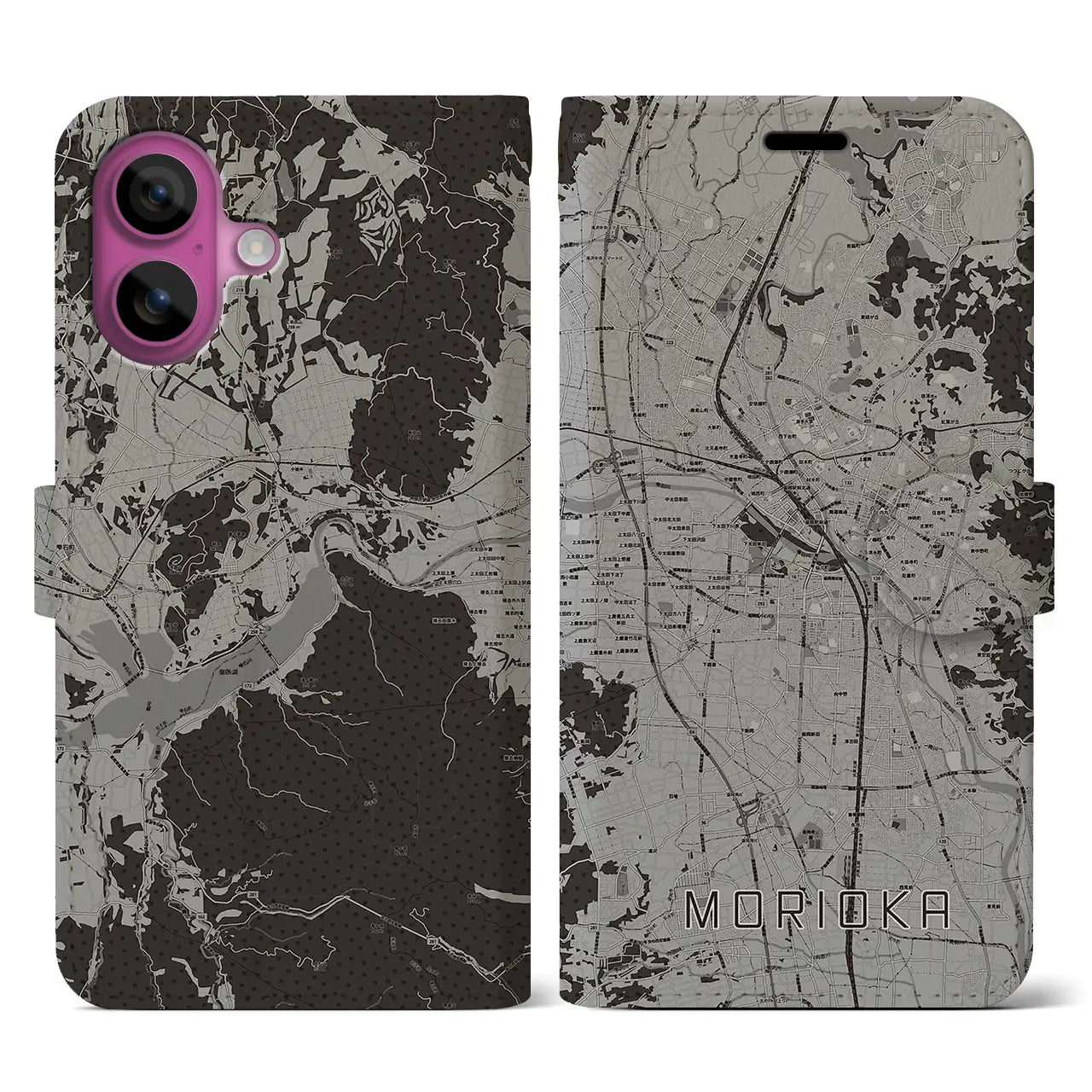 【盛岡(岩手県)】地図柄iPhoneケース(手帳タイプ)モノトーン・iPhone 16 Pro 用